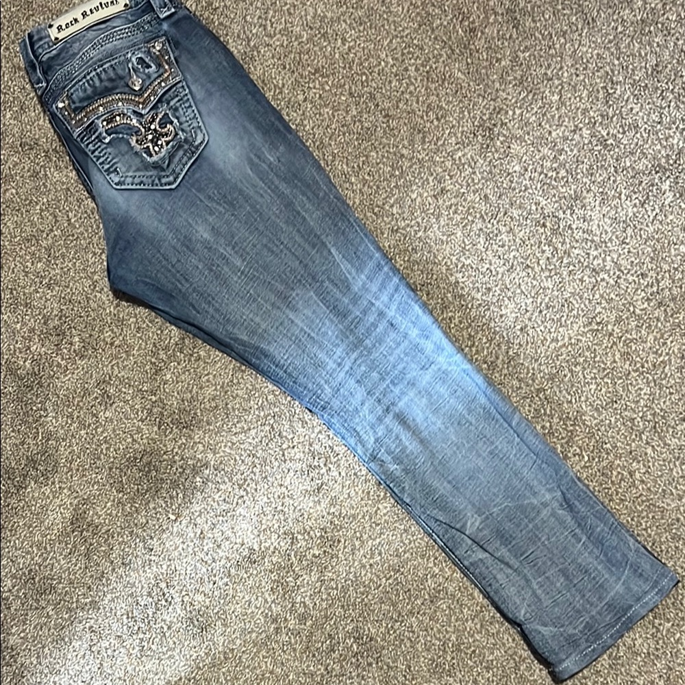 Rock Revival Blue Boot Cut Jeans with Ornate Stitching